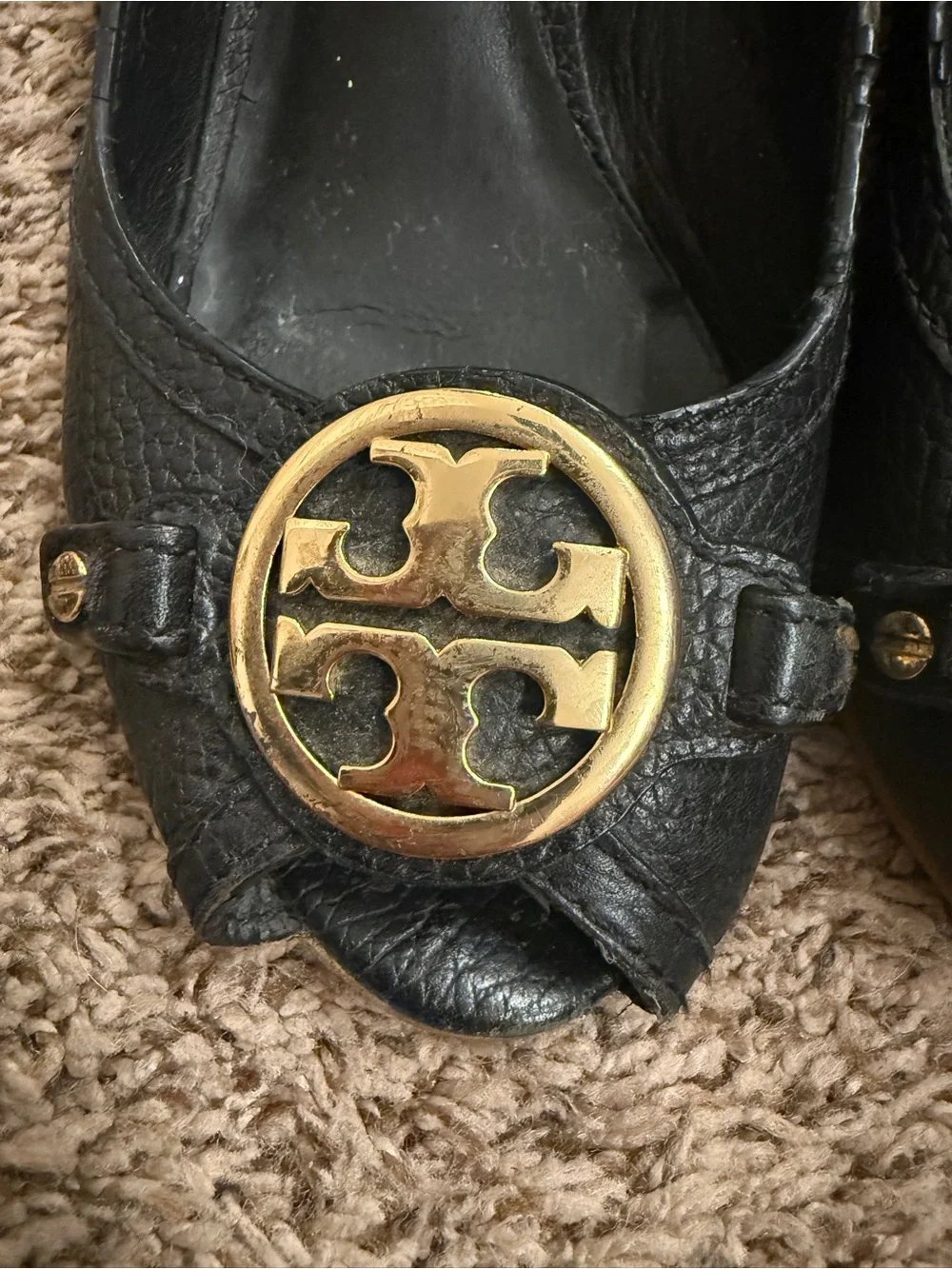 Tory Burch Black Leather Peep-Toe wedge with Gold Logo